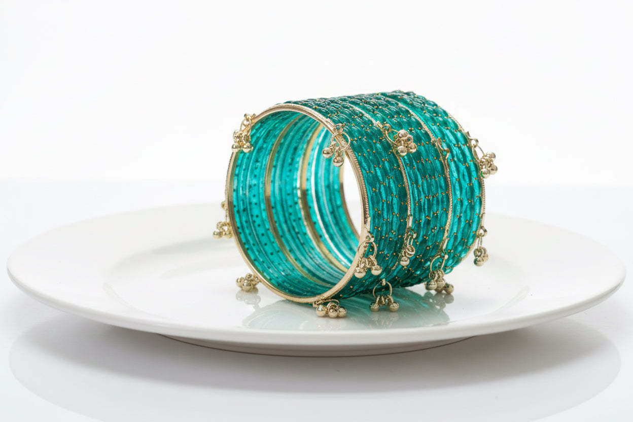 Viral Kashmiri Ghungroo Glass Bangle Set-Green 2 dozen