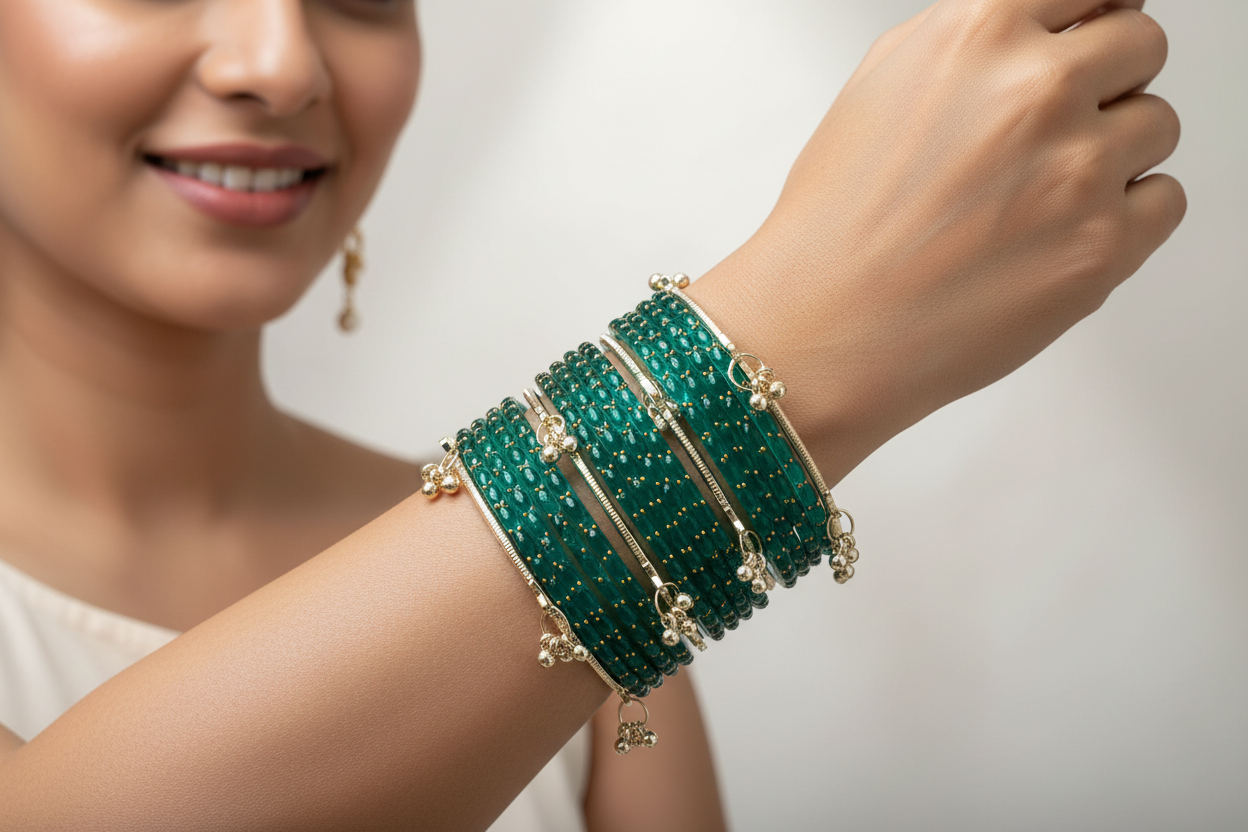 Viral Kashmiri Ghungroo Glass Bangle Set-Green 2 dozen