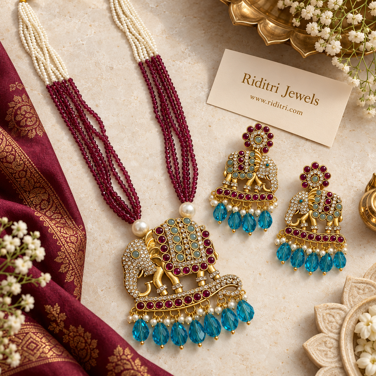 Gajgamini Elephant Long Necklace Set – Wine & Sky Blue