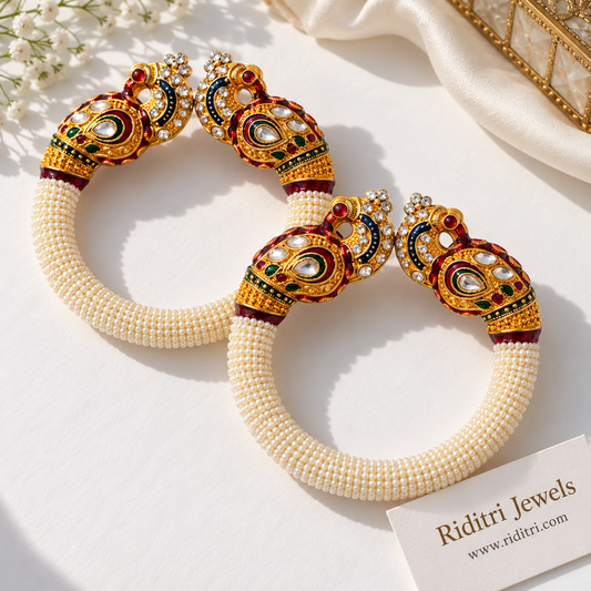 Royal Rajwadi Peacock Pearl Bangles – Free Size, Front Open (Set of 2)