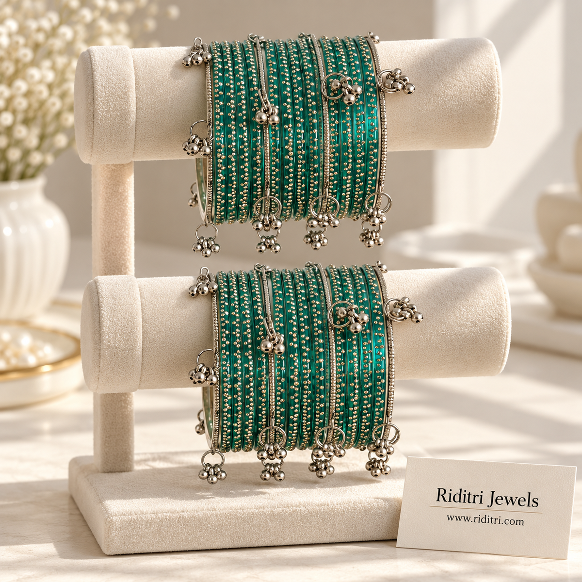 Viral Kashmiri ghungroo bangle set with radium green gold dot glass bangles and silver ghungroo bangles