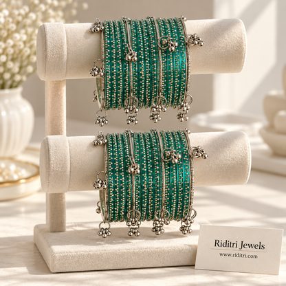 Viral Kashmiri ghungroo bangle set with radium green gold dot glass bangles and silver ghungroo bangles