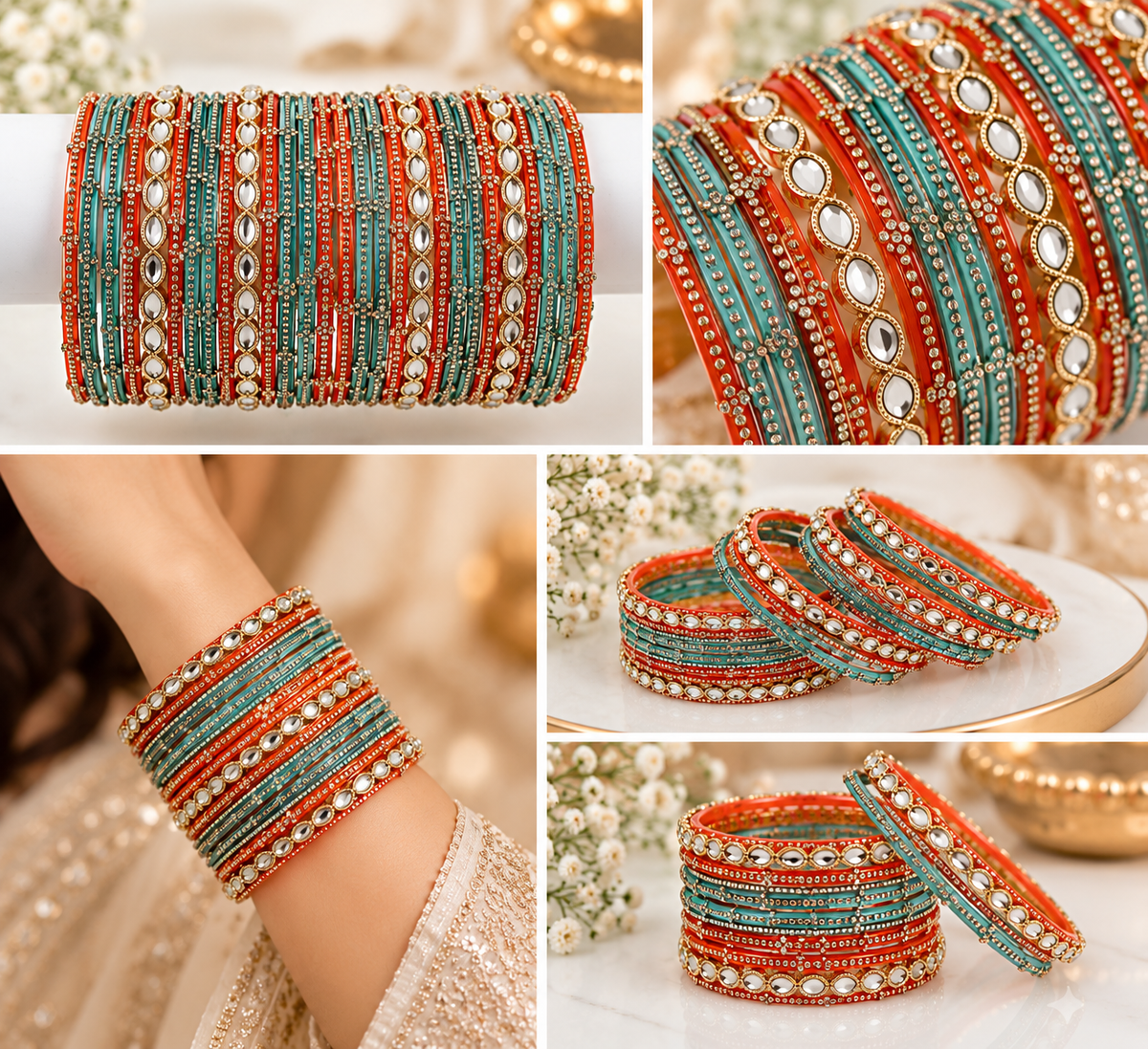 Phulkari Orange & Teal Glass Bangles Combo – 2 Dozen