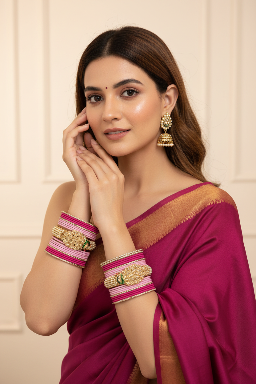 Pink Peacock Metal Bangle Set