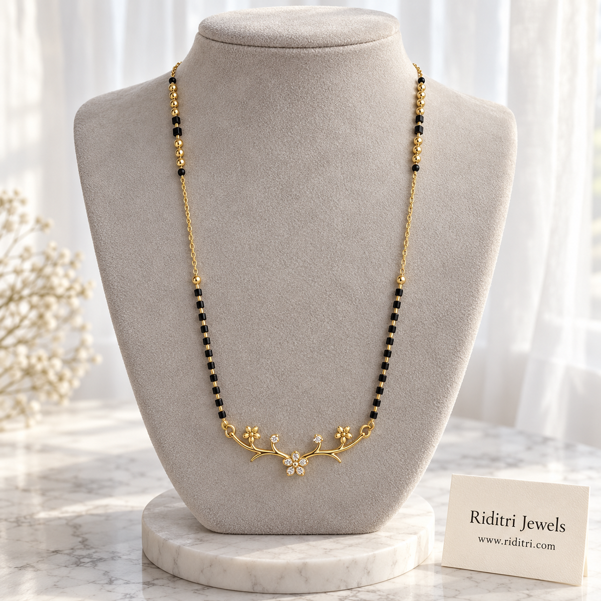 Daali anti-tarnish floral branch mangalsutra with AD stone flower and gold flowers