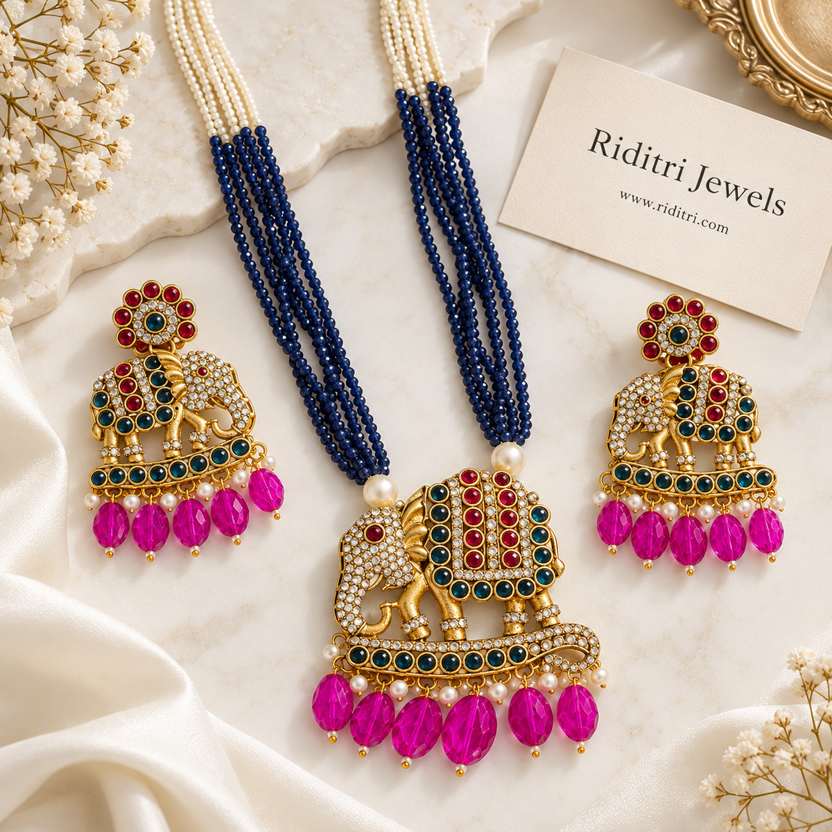 Gajgamini Elephant Long Necklace Set – Navy Blue & Magenta