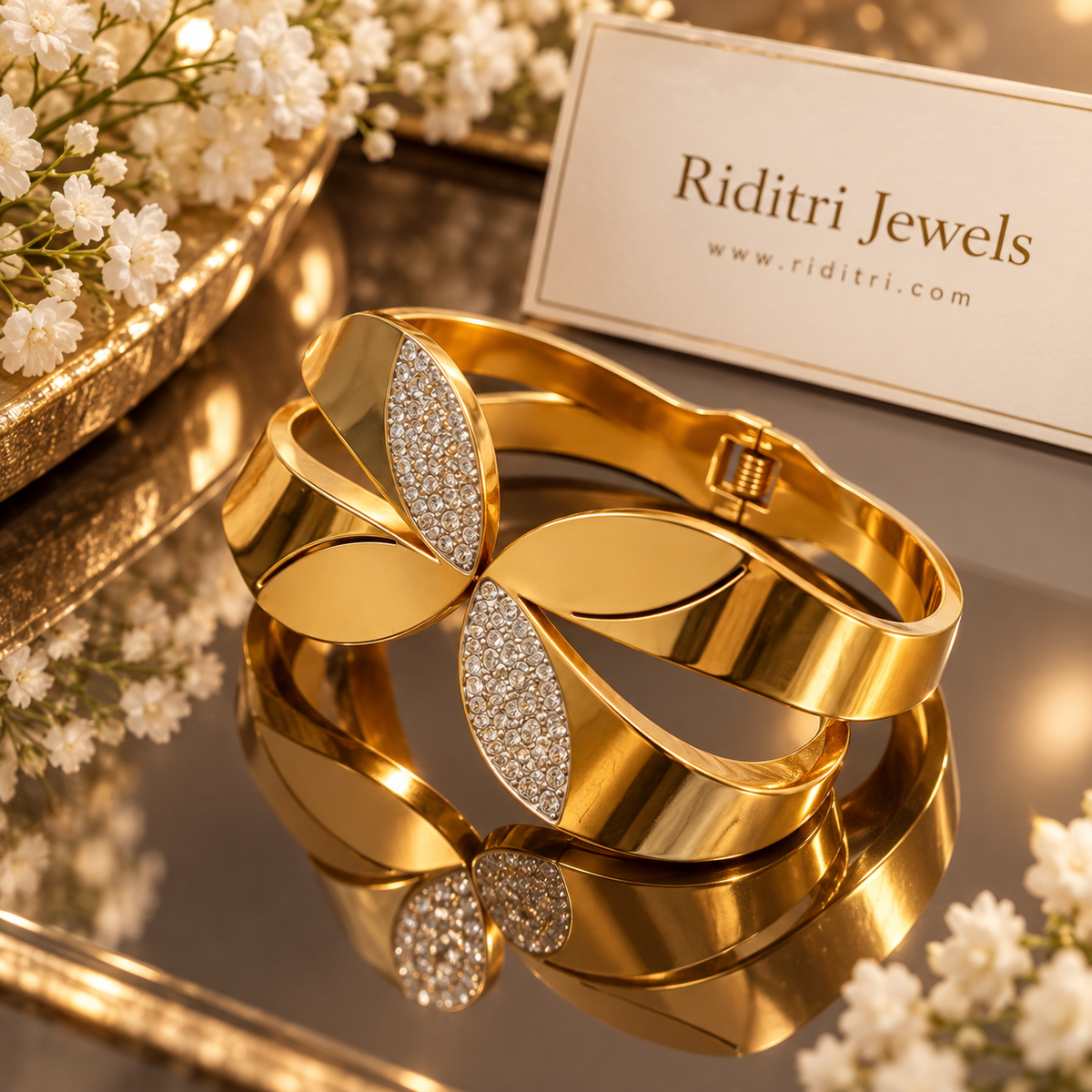 Aura Petal gold-toned anti-tarnish statement bracelet with CZ-covered petals