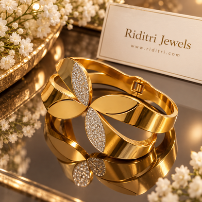 Aura Petal gold-toned anti-tarnish statement bracelet with CZ-covered petals