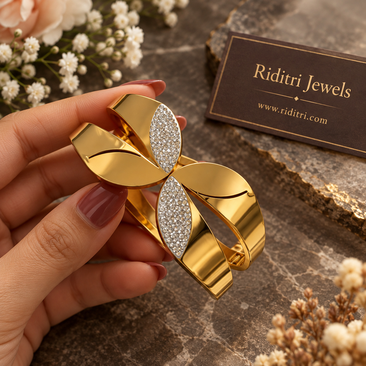Aura Petal CZ petal bracelet in waterproof stainless steel by Riditri Jewels