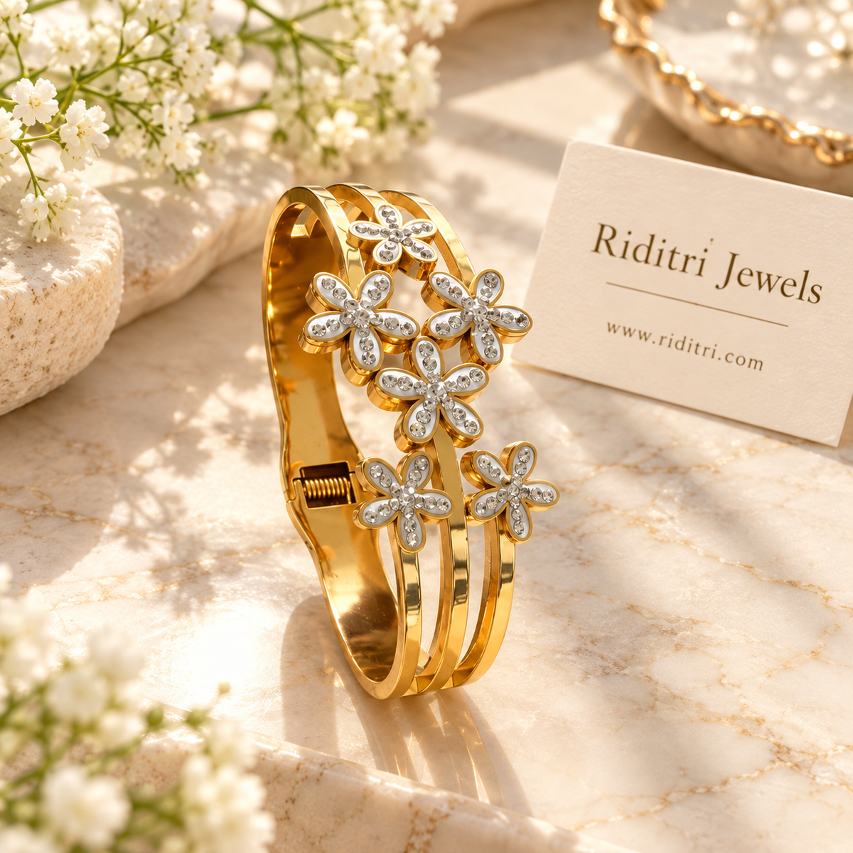 Detail of Aura Blossom silver-toned flower petals dotted with CZ stones