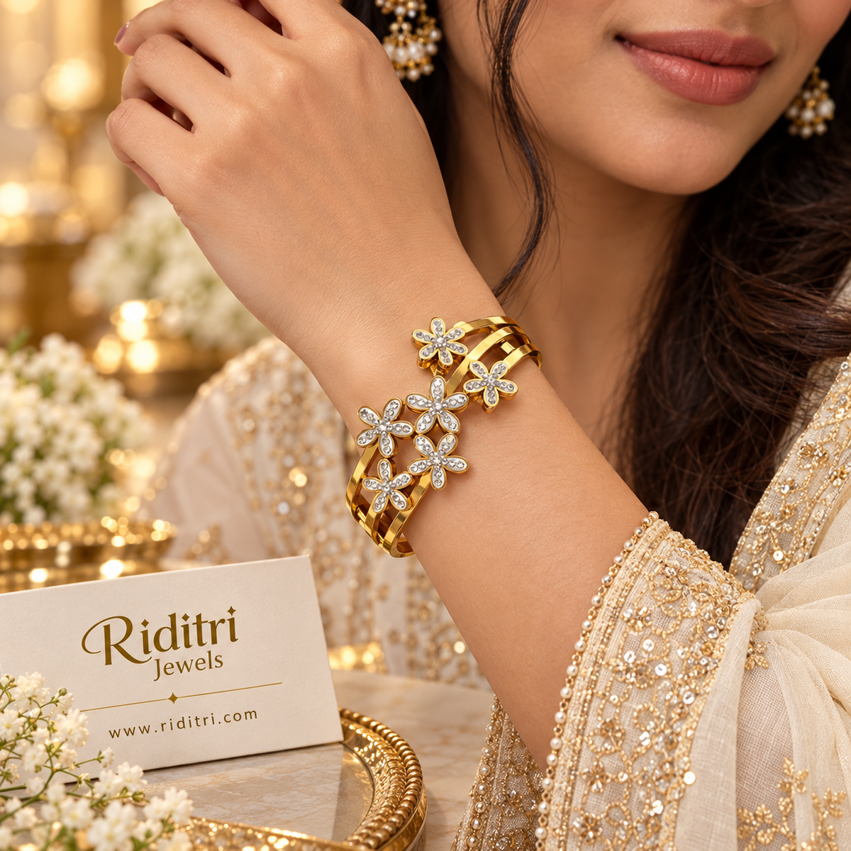 Aura Blossom gold-toned anti-tarnish bracelet with cluster of CZ flowers