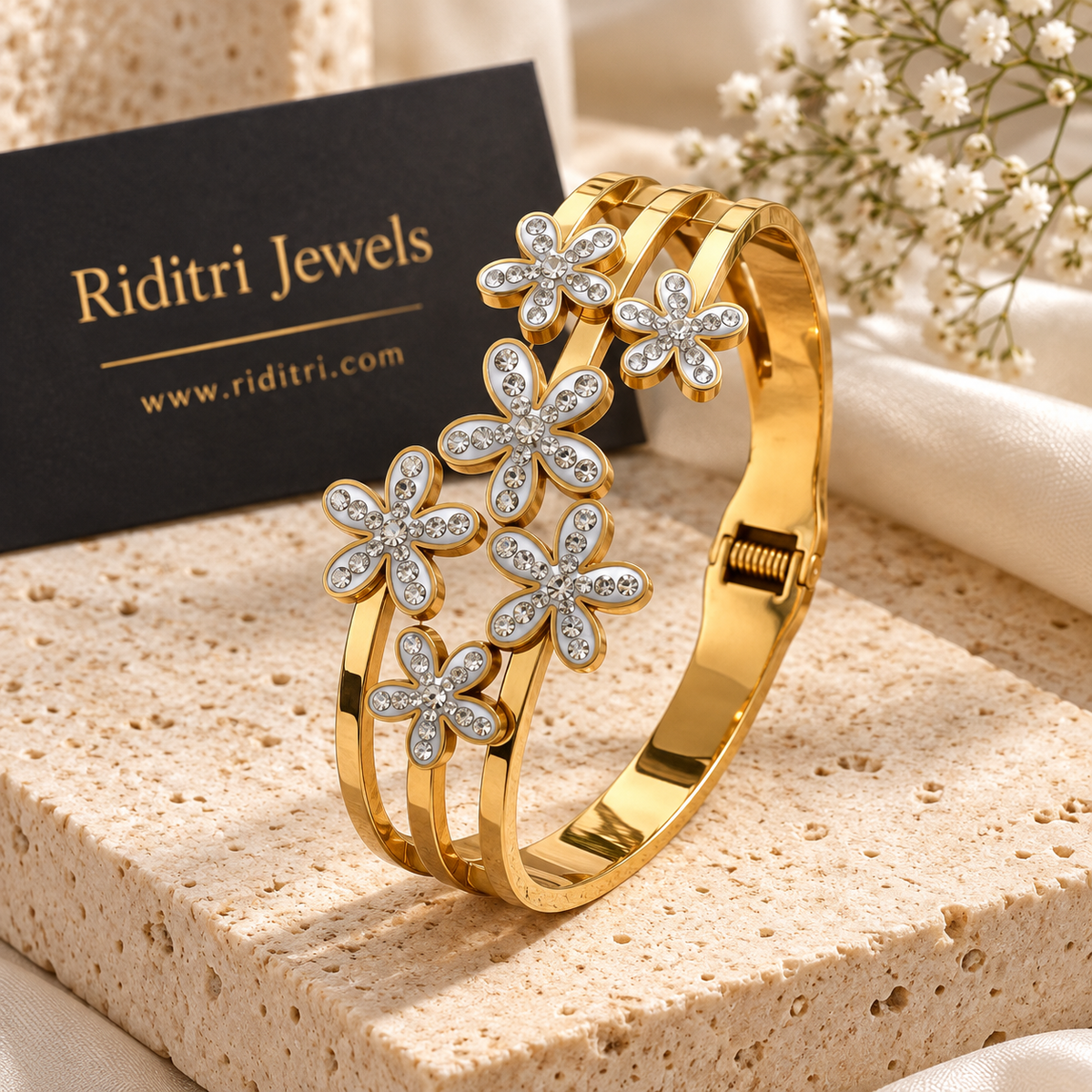 Aura Blossom CZ flower bracelet in waterproof stainless steel by Riditri Jewels