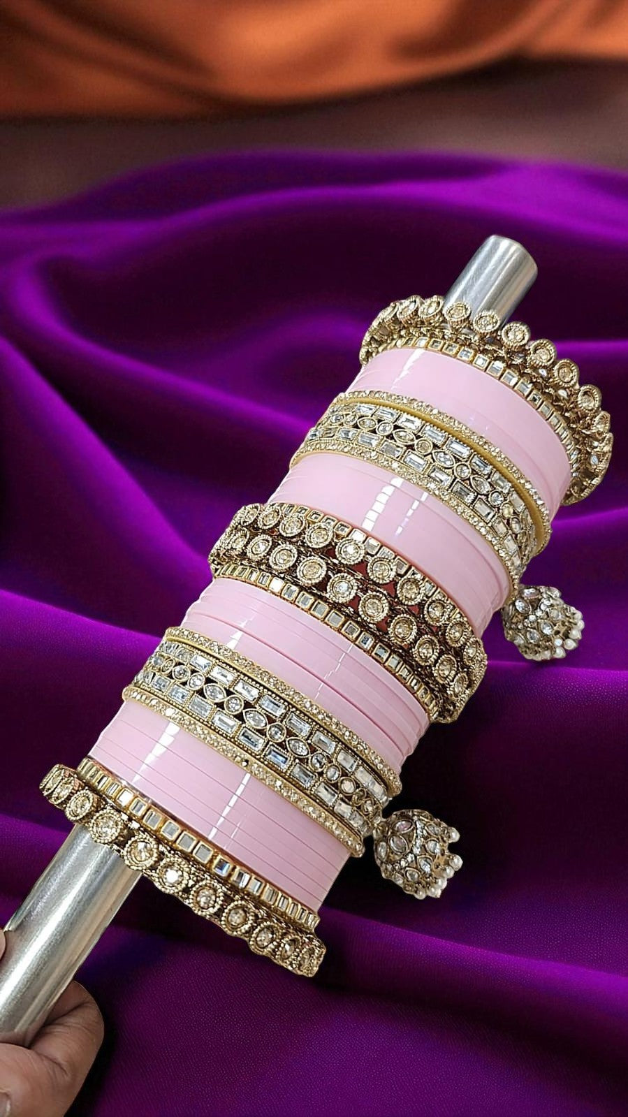 Bridal Kundan Hanging Baby Pink Bangles Set