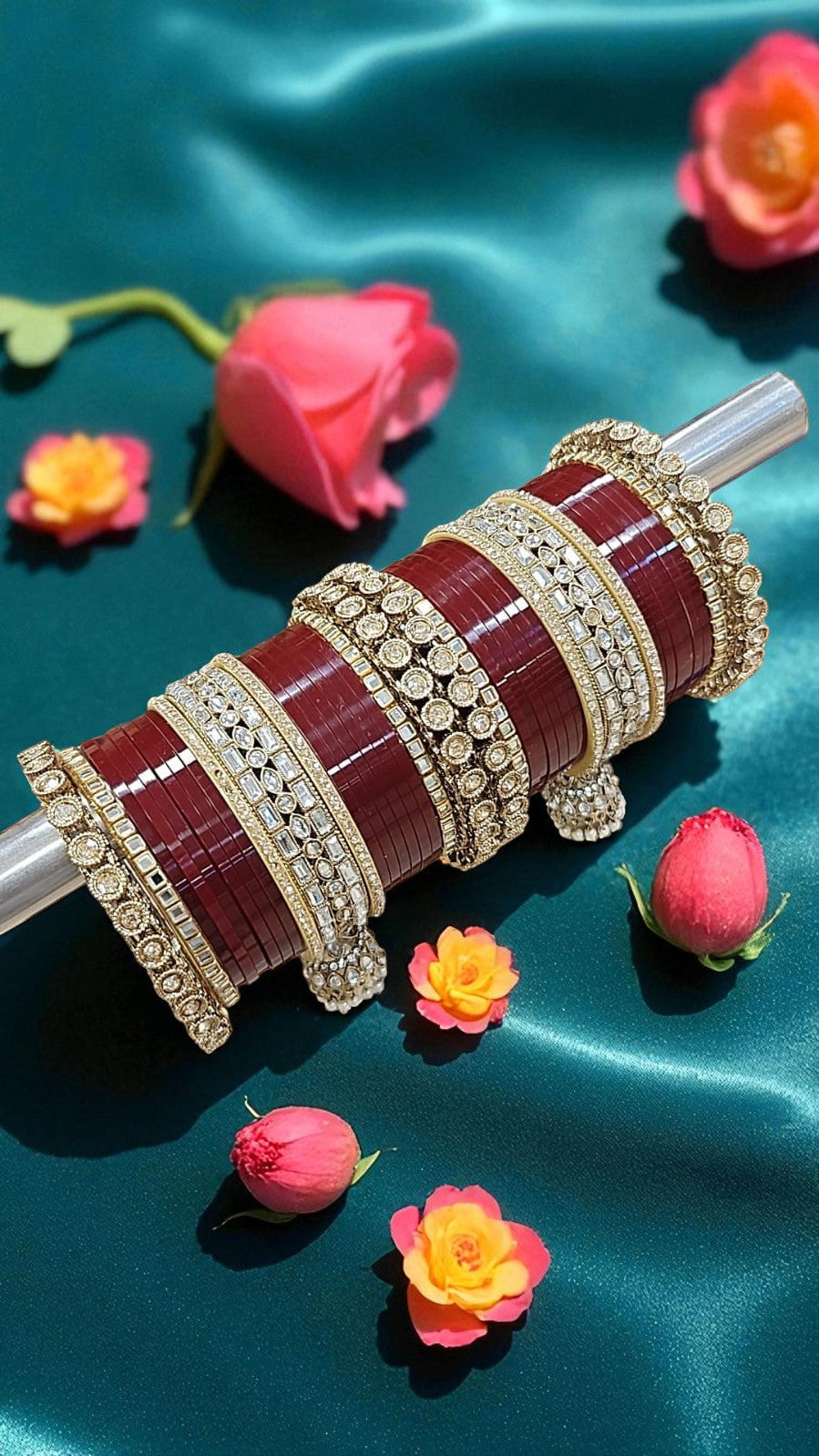 Bridal Kundan Hanging Maroon Bangles Set