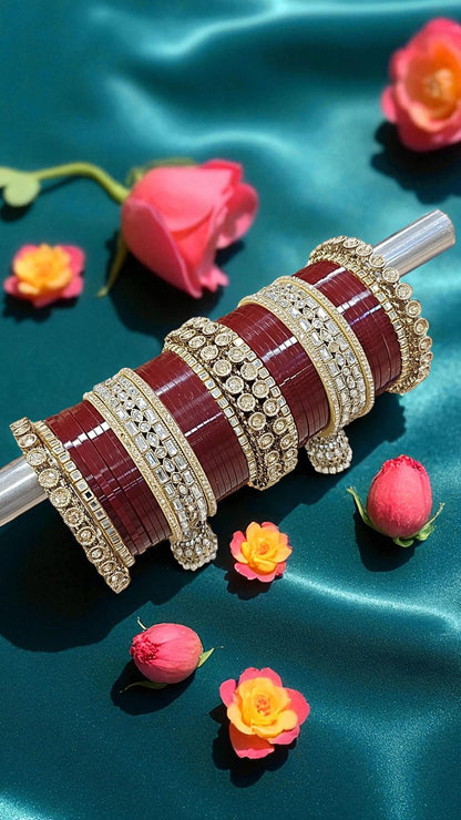 Bridal Kundan Hanging Maroon Bangles Set
