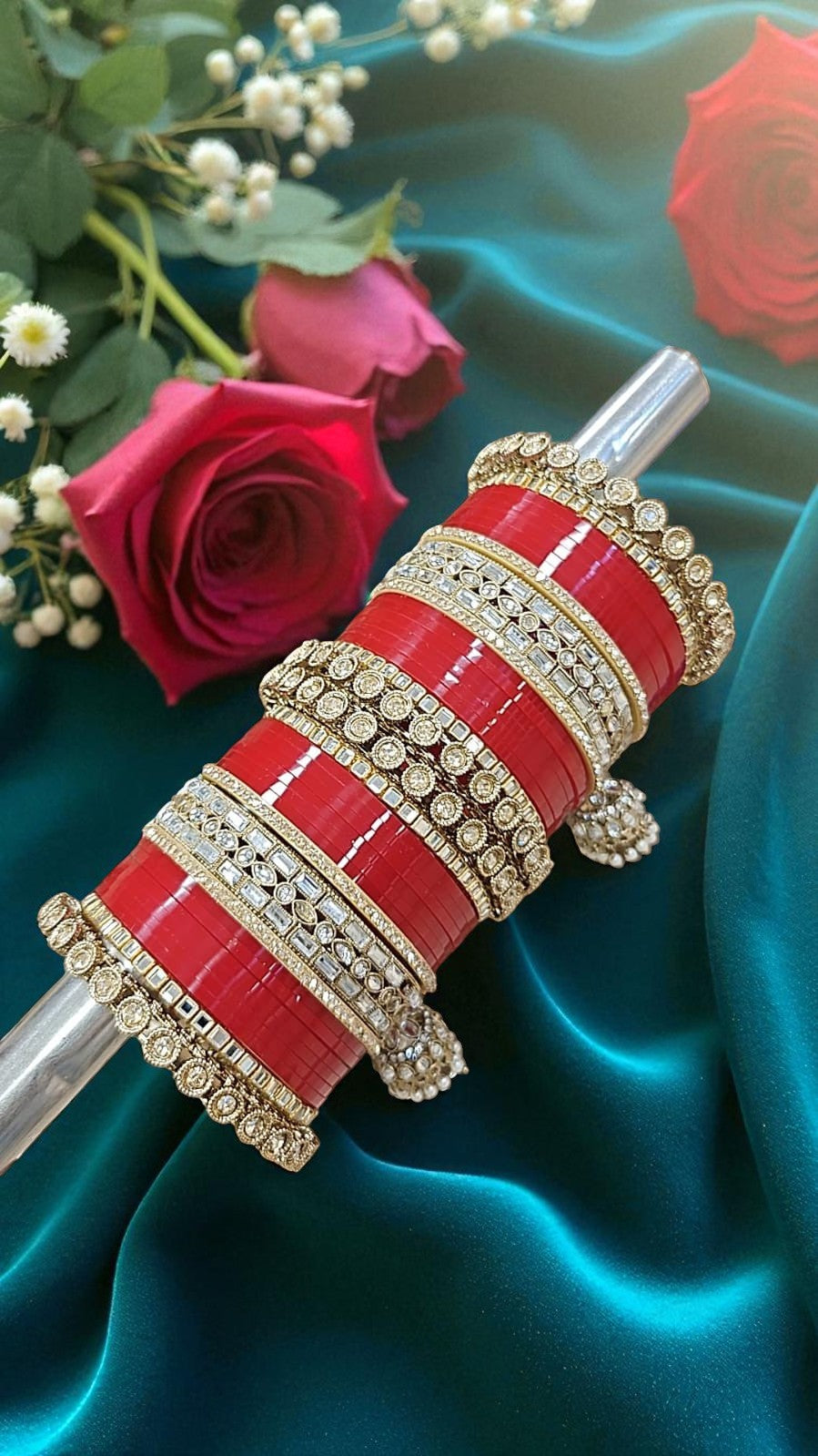 Bridal Kundan Hanging Red Bangles Set
