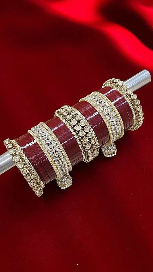 Bridal Kundan Hanging Maroon Bangles Set
