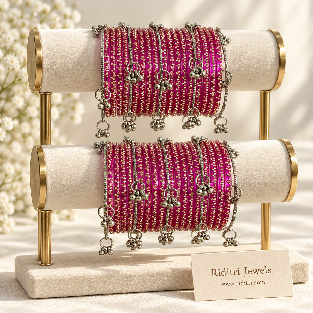 Viral Kashmiri ghungroo bangle set with rani pink gold dot glass bangles and silver ghungroo bangles