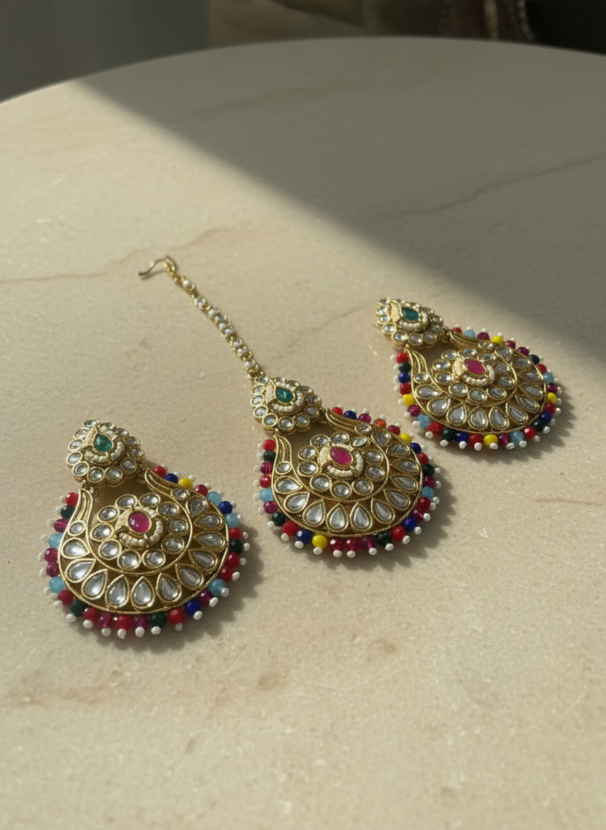 Mohini Multicolor Earrings with Maang Tika