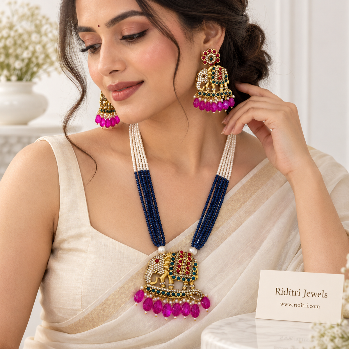 Gajgamini Elephant Long Necklace Set – Navy Blue & Magenta