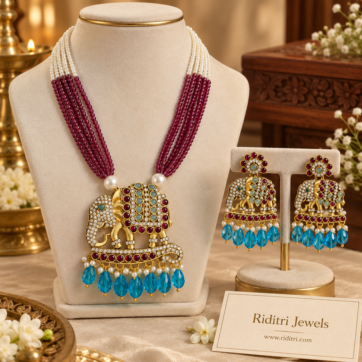 Gajgamini Elephant Long Necklace Set – Wine & Sky Blue