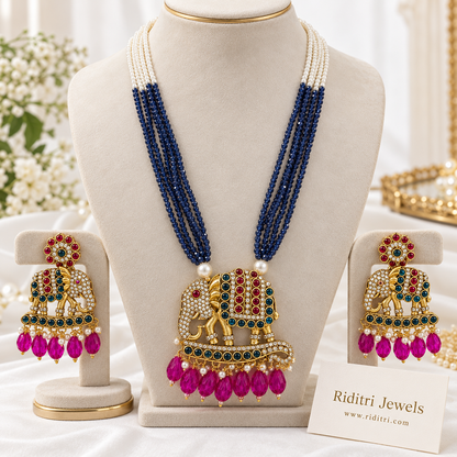 Gajgamini Elephant Long Necklace Set – Navy Blue & Magenta