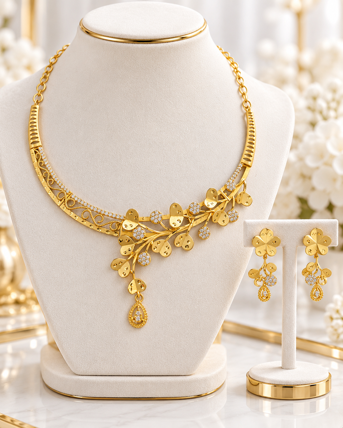 Lata gold plated vine necklace set with leaf cascade, AD stone clusters and matching earrings