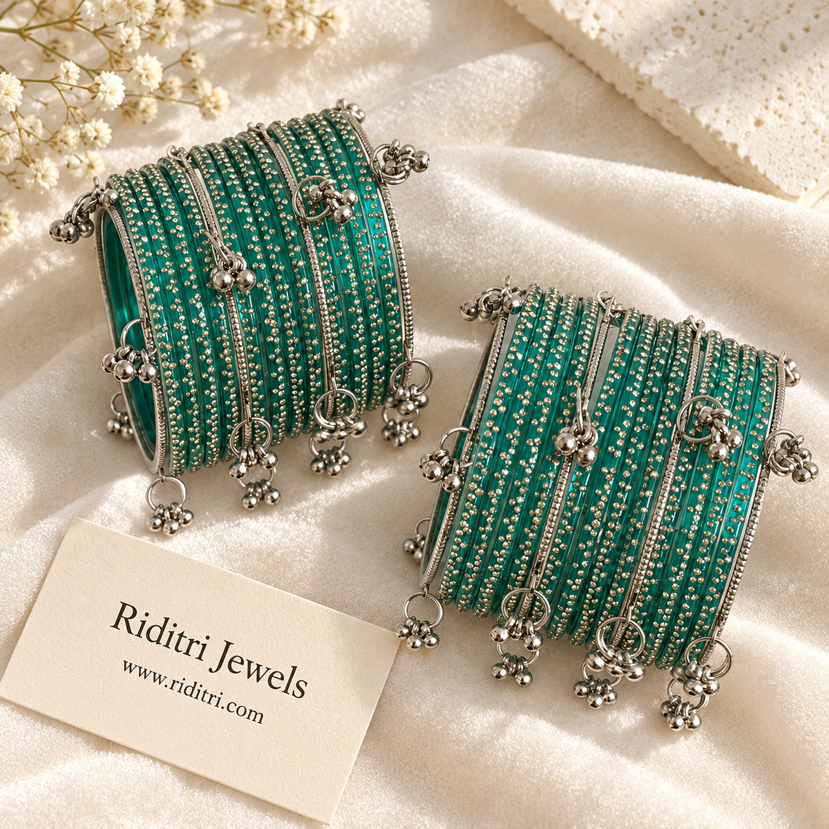 Close view of radium green gold dot glass bangles with Kashmiri ghungroo