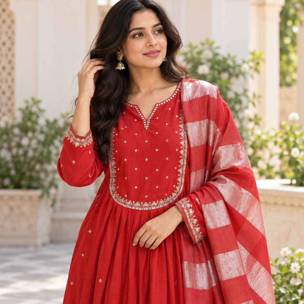 Rusty Orange Embroidered Mulchanderi Kurta Set with Tissue Dupatta (3 Pc)