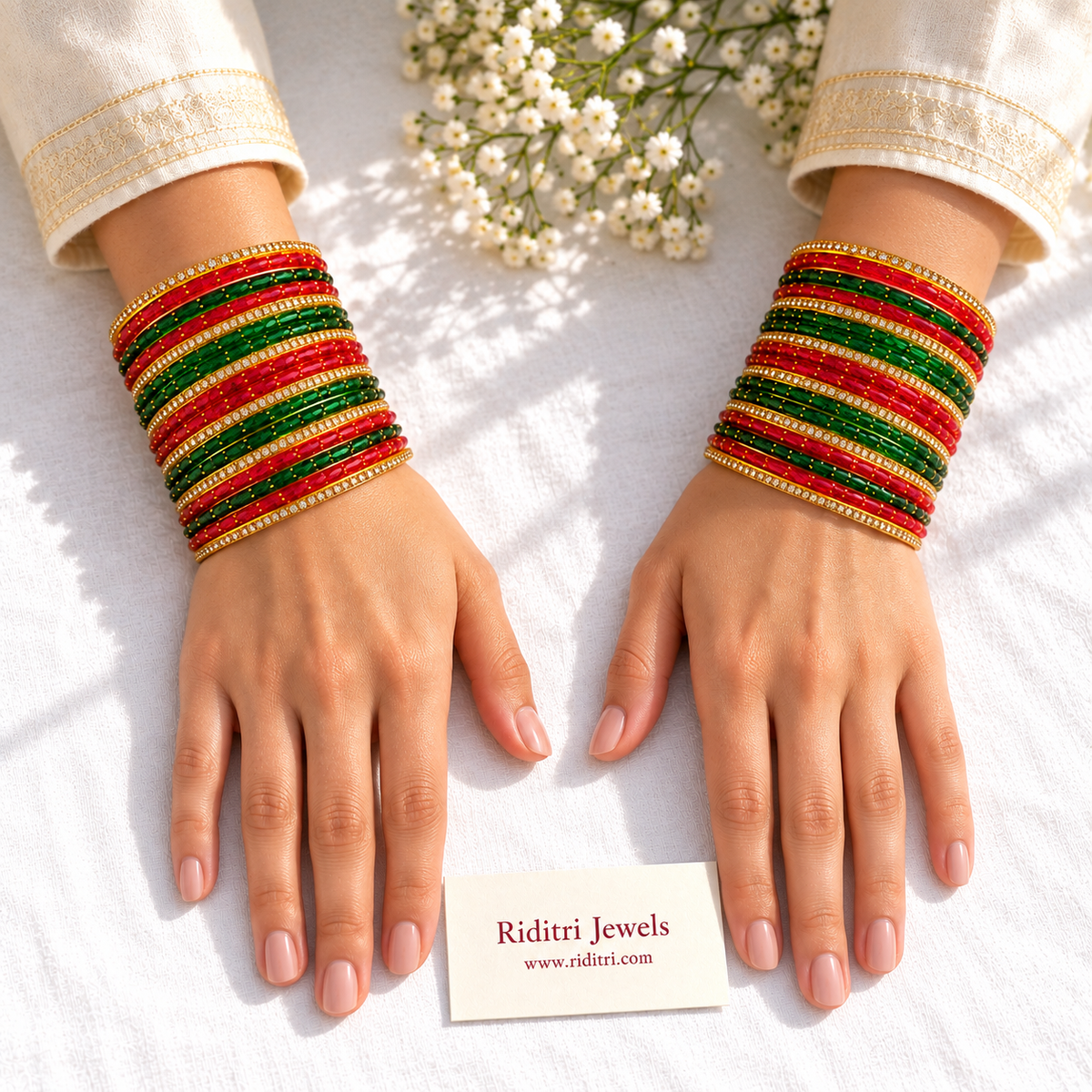 Red Green Raindrop Golden Glass Bangles Set