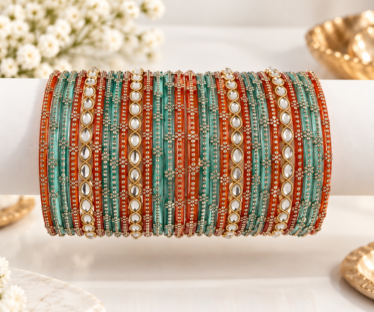 Phulkari Orange & Teal Glass Bangles Combo – 2 Dozen