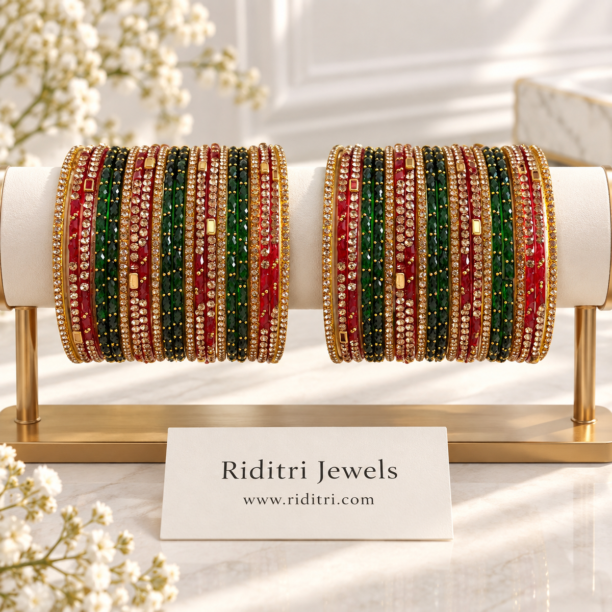 Red Green Golden Glass Bangles Set