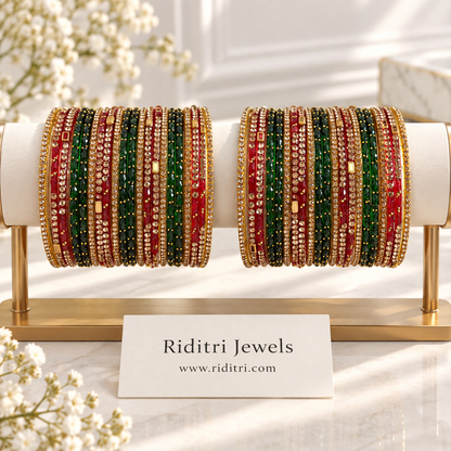 Red Green Golden Glass Bangles Set