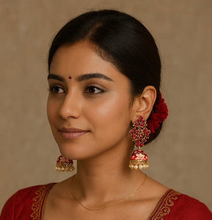 Heena Small Pearl Meenakari Jhumki Earrings