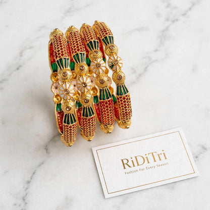 Virajra Red Green Gold Plated Bangles