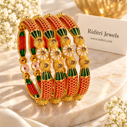Virajra Red Green Gold Plated Bangles
