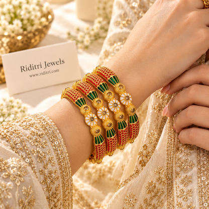 Virajra Red Green Gold Plated Bangles