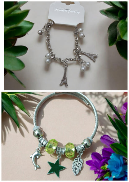 Green Silver Charm Adjustable Bracelet