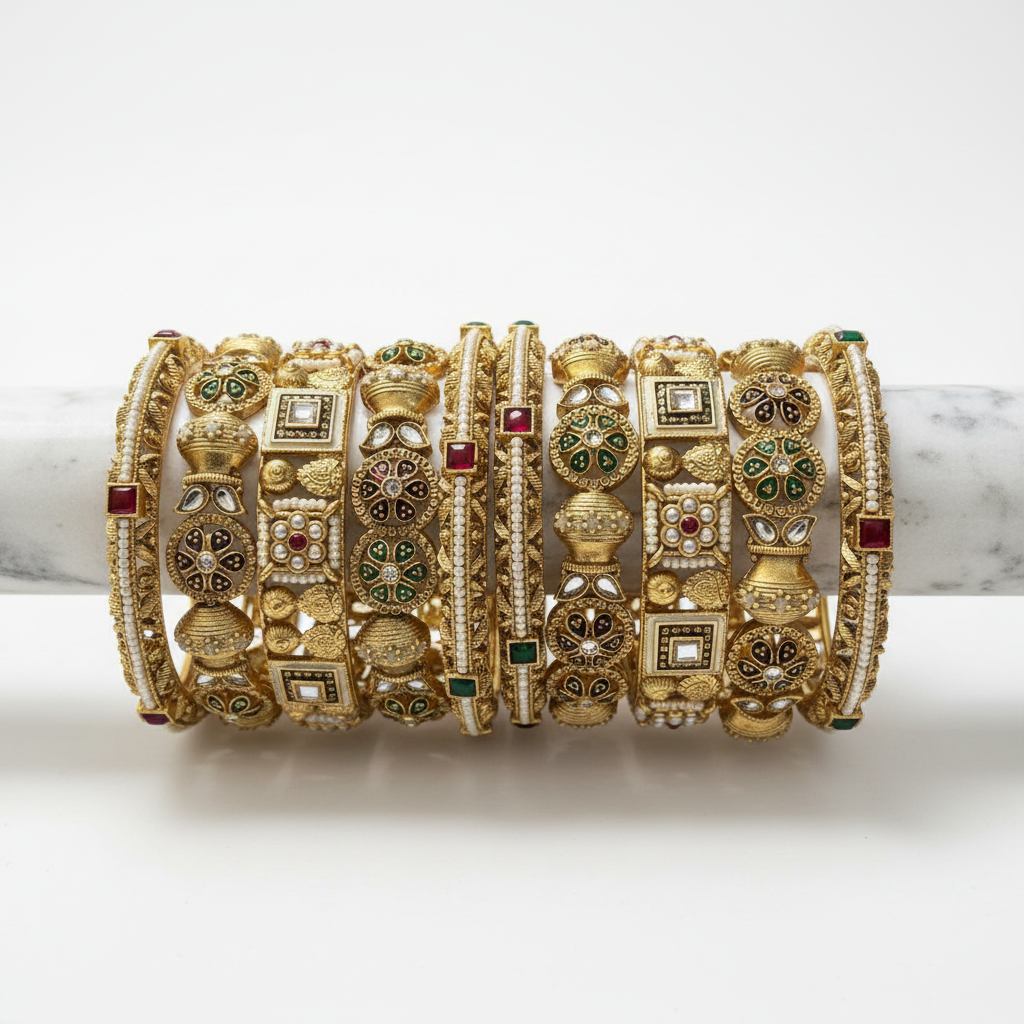 Rajwadi Meena Kundan Bridal Bangles Set