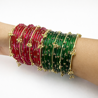 Viral Kashmiri Ghungroo Glass Bangle Set-Strawberry Red and Green