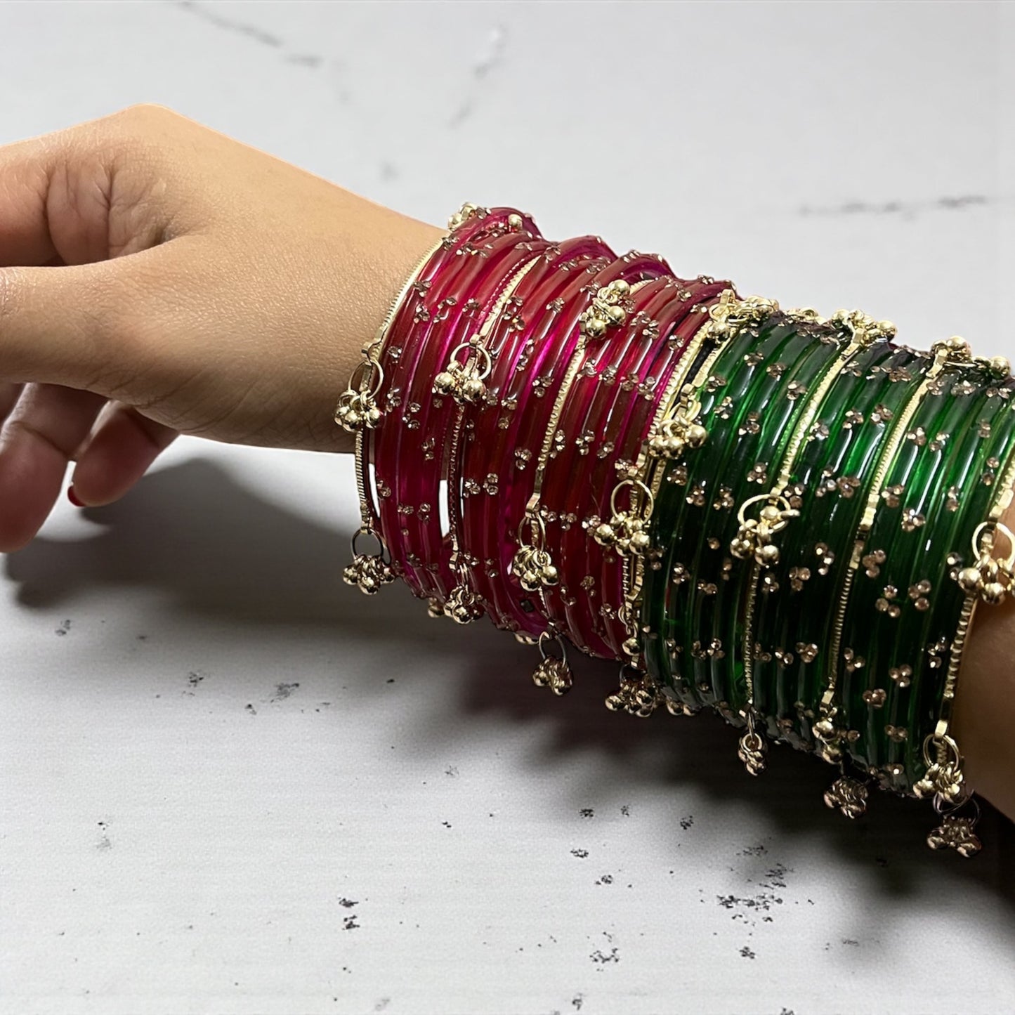 Viral Kashmiri Ghungroo Glass Bangle Set-Strawberry Red and Green