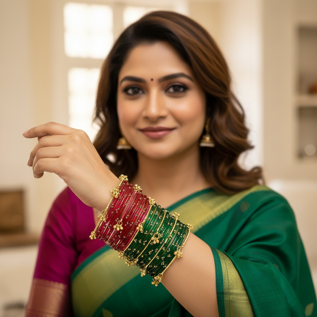 Viral Kashmiri Ghungroo Glass Bangle Set-Strawberry Red and Green