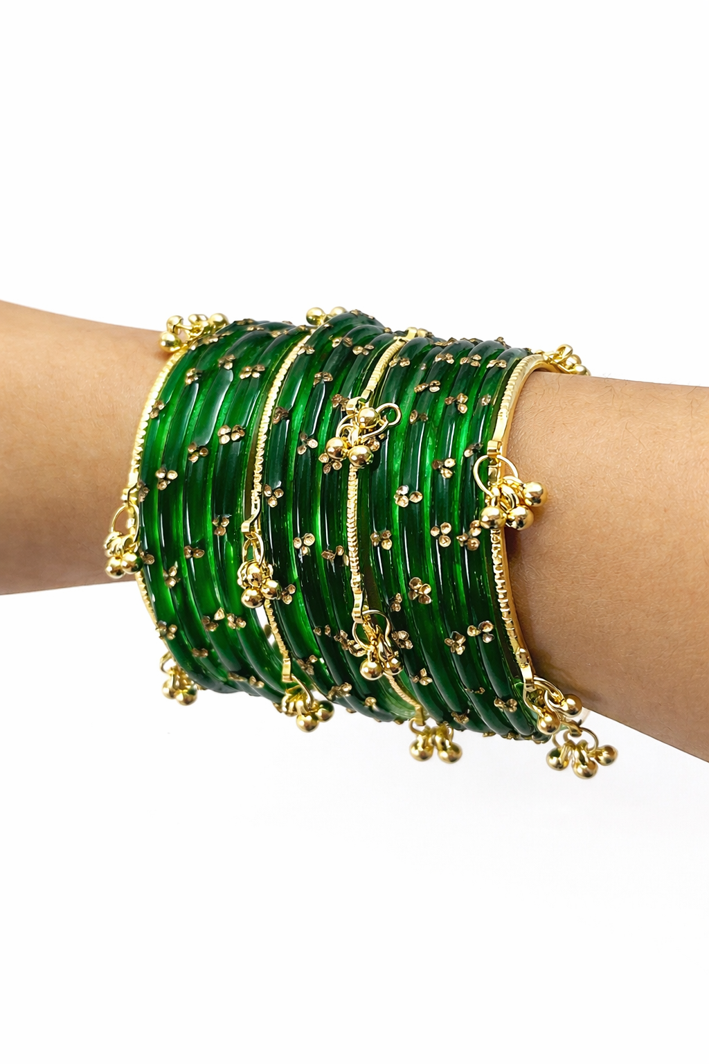 Viral Kashmiri Ghungroo Glass Bangle Set-Green- 2 dozen