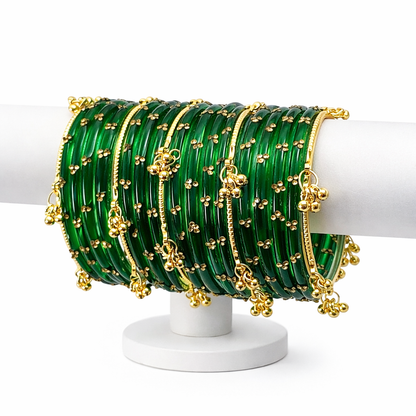 Viral Kashmiri Ghungroo Glass Bangle Set-Green- 2 dozen