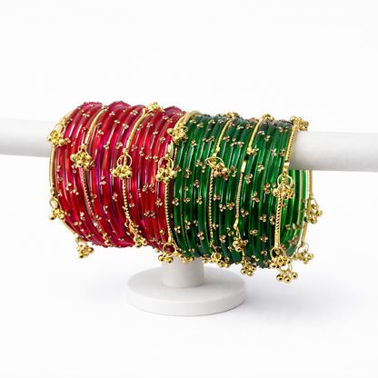 Viral Kashmiri Ghungroo Glass Bangle Set-Strawberry Red and Green