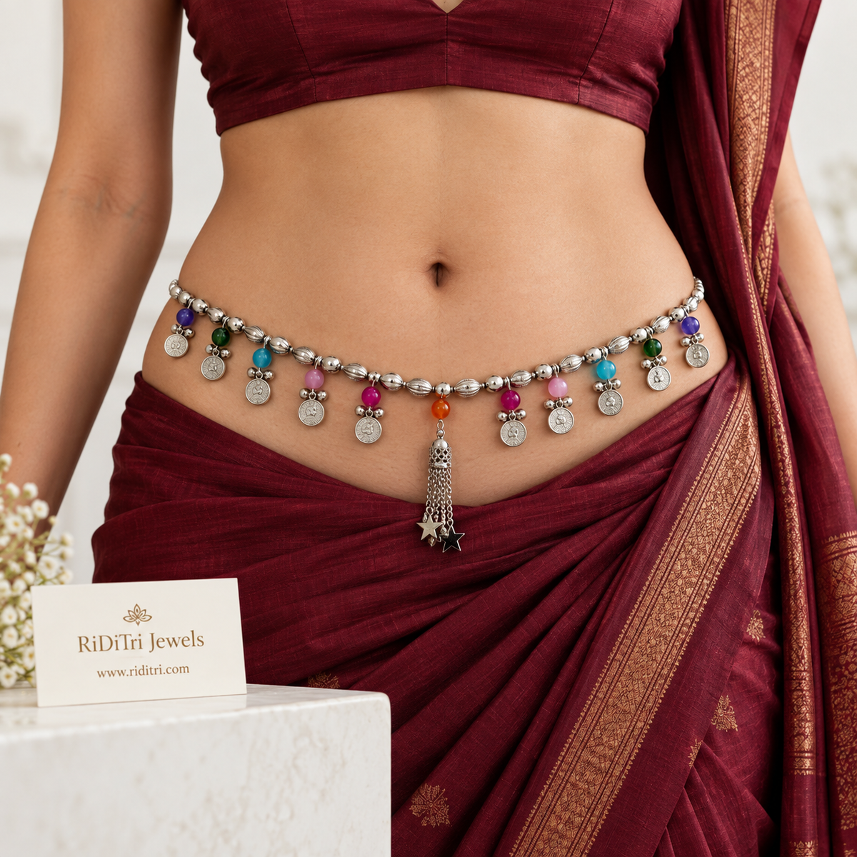 Free size silver-toned waist chain with colourful stones and star tassel, view 2