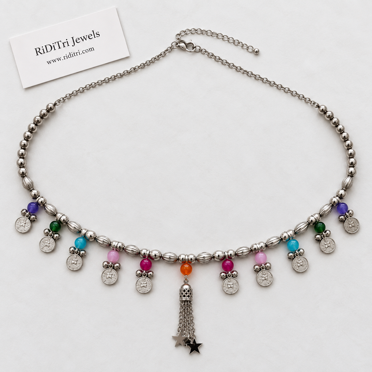 Adjustable silver-toned kamarbandh with coin charms for Navratri and festive wear, view 3