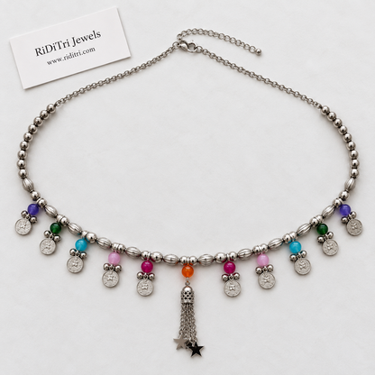 Adjustable silver-toned kamarbandh with coin charms for Navratri and festive wear, view 3