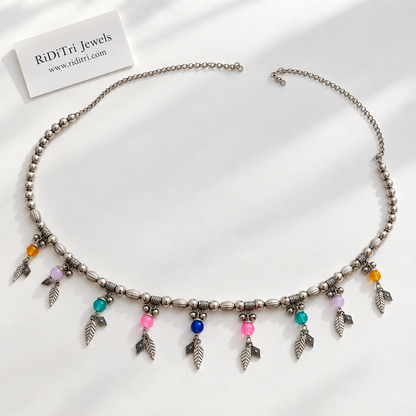Free size silver-toned waist chain with leaf and diamond charms and long adjustable chain, view 2