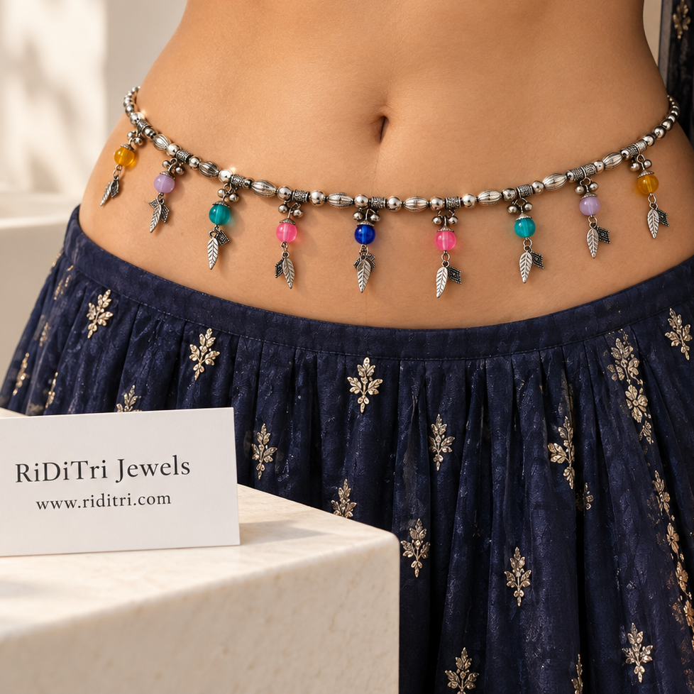 Adjustable silver-toned kamarbandh with pastel stones and leaf charms for Navratri and festive wear, view 3